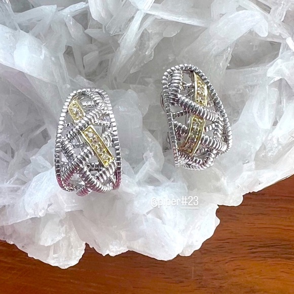 Judith Ripka JR TWO Diamond Estate Basketweave J Hoop Earrings - Picture 2 of 12